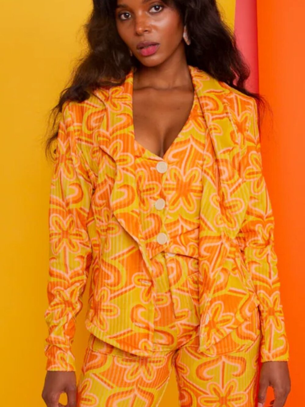 Dazey LA Sunny Chevy Graphic Print Wavy Ribbed Corduroy Velvet Suit Jacket S
